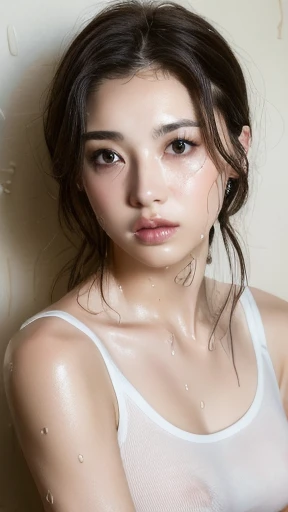 ((Highest quality, 8k, masterpiece:1.3)), One Girl, Slim abs beauty: 1.3,Small breasts、 (Random Hairstyles : 1.2), Oversized Tank Top :1.2, High-definition facial features, Fine-grained, double eyelid, Underarm,I ejaculated all over my body、My whole body is wet with sperm、Nipple erection、Nipple swelling、Nipples are visible、