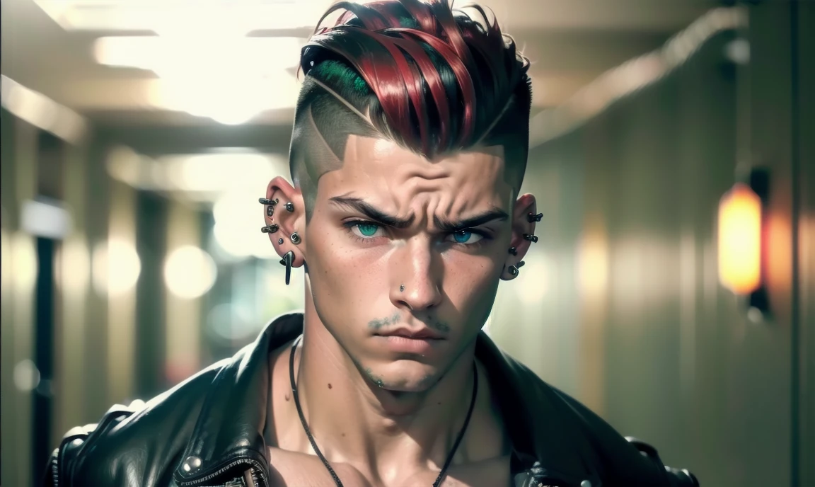"((highly detailed, detailed eyes, detailed face, clear and realistic facial features, photorealistic, realistic light; cinematic)), (1 man), ((((school hallway background)))), (((gorgeous athletic punk tough bully male))), ((18-year-old teenage male)), ((((glaring expression)))), ((intimidating mood)), ((blue-green eyes)), ((short black hair with a undercut)), (((dressed in black and leather))), ((multiple metal ear piercings)) ((red tint in hair))."