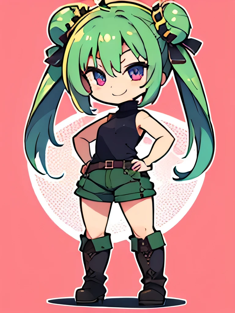 (highres), (best quality), (detailed), (chibi art style)1 girl, alone, medium hair, pastel green hair, twin buns, violet eyes, round black sunglasses on head, black sleeveless turtleneck top, green shorts, dark brown boots, thumbs up, smiling