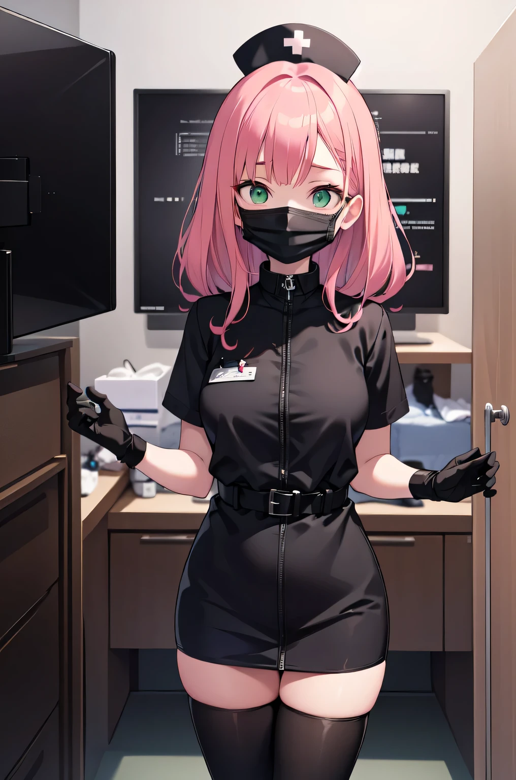 black nurse, 1woman, solo, black nurse cap, black nurse uniform, ((black legwear, zettai ryouiki)), black elbow gloves, pink hair, green eyes, drooping eyes, ((black surgical mask, covered nose)), standing, ((surgery room)), sharp outline, short sleeves, mature female, 32 years old, best quality, masterpiece