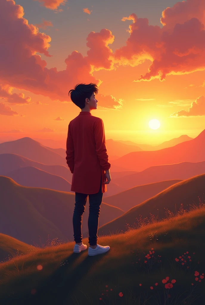 A  boy standing on hills facing towards sunrise wearing a red kurta and black trouser jeans and white shoes and its skin is soft and shiny and its weight is 70 kgs
