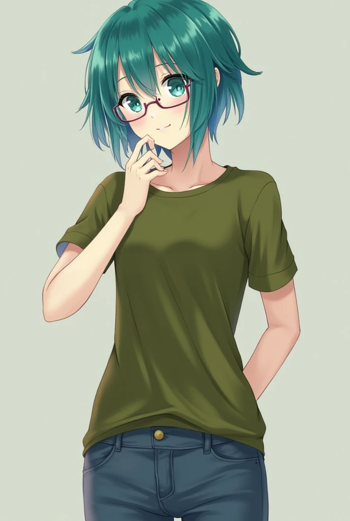 masterpiece, Highest quality, One girl, alone, 23 years old, Adult, Turquoise Hair, Messy Hair, Asymmetrical hair, Ahoge, Very short hair, Aqua Eye, Medium chest,  Toned Up, 167cm, Pale skin, Glasses, Grin, Olive green shirt, jeans, Abdominal Peek,