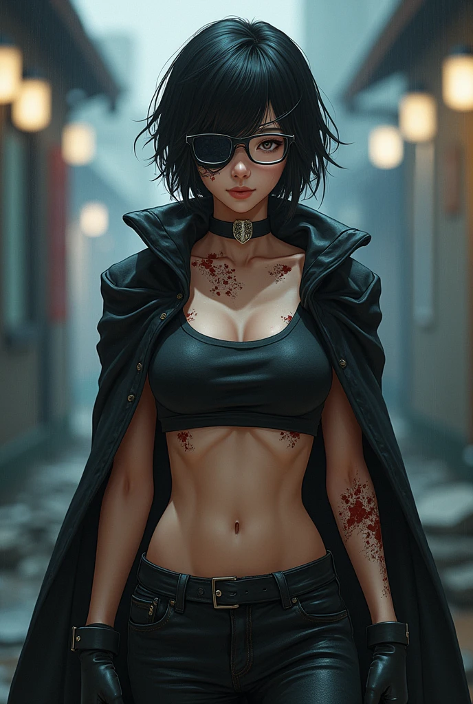 Japanese woman Glasses Slim and muscular Shortcuts
burn scars Handsome Girls cool Bandage on the eye Strong Black Cape