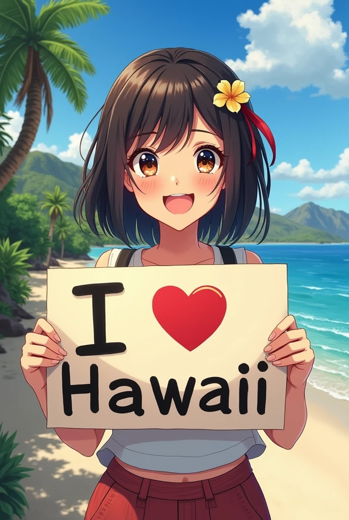 A beautiful and cute woman holding up a sign "I love Hawaii", Joyful, Happy, Anime illustration, Realistic, oil