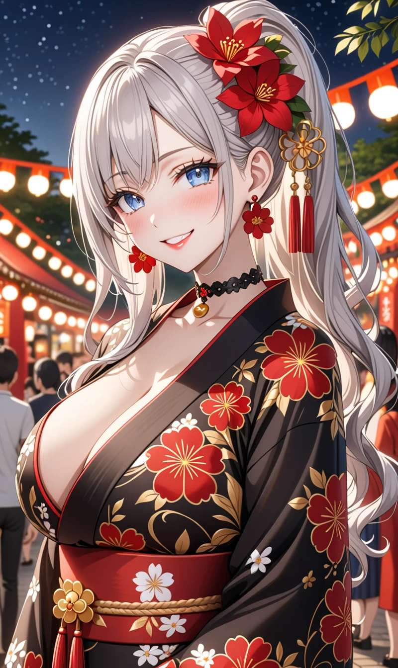 ultra-detailed, ((one girl)), (pale skin:1.4),  (portrait),  fair-skinned gyaru, ((Girl in black kimono)),  (heavy makeup), hyper detailed, absurdres, 8k, Beautiful Face, (Laugh shyly), ((teasing smile:1.2)), ((happy smile:1.4)), ((Wink:1.3)), (Laugh with your mouth wide open), ((Tilt your face:1.6)), View your viewers, ((full-face blush:1.3)), Glossy Red Lips, ((:1.6)), summer, night, Small park, Festival Venue, ((Anime style background)),masterpiece, Highest quality, Latest, Complex details, ((red long nail:1.2)), (ring),(bracelet), (Floral Choker),AI-generated, Complex,High resolution, Highest quality, super high quality,3D Images、3D Images,One person, (Silver White hair),Long Hair, (White high ponytail), (wavy hair:1.3)), Anime woman posing for a photo, ((Eyes with detailed pupils、blue eyes、glowing eyes:1.3)), (Squint your eyes:1.1),a hyperRealistic , hyperRealistic , Realistic,Anime woman with long white hair, Smooth anime CG art, ((A girl in a gorgeous black kimono:1.2)), ((black furisode:1.3)),Gold embroidery, (Large floral pattern in red color), (Long red flower hair ornament),(big floral earrings), Mature Body, tall,Narrow waist, (extreme close-up shot),