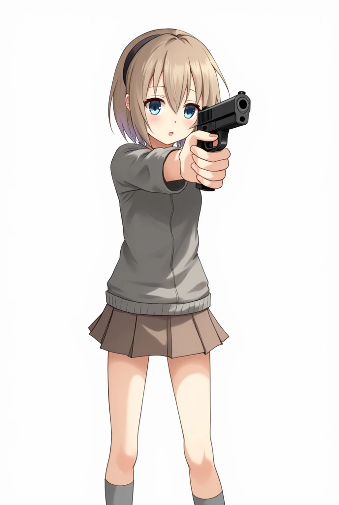 anime girl standing and pointing a gun straight at the camera (her legs are also visible) white background