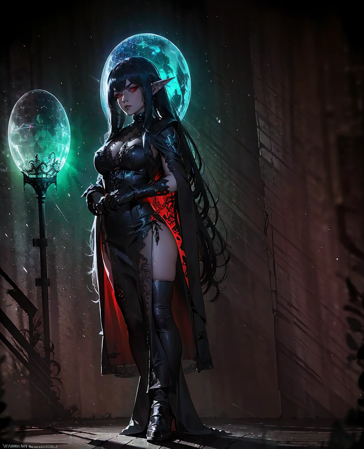 a devilish woman with long flowing black hair, pale porcelain skin, and piercing red eyes, wearing an intricate elf-like costume with dark leather and shimmering accents, set against a dark and mysterious fantasy backdrop with swirling shadows, glowing magical runes, and an ominous full moon overhead, (best quality,8k,ultra-detailed,masterpiece:1.2),(photorealistic:1.37),(dark fantasy,gothic,concept art,cinematic lighting)