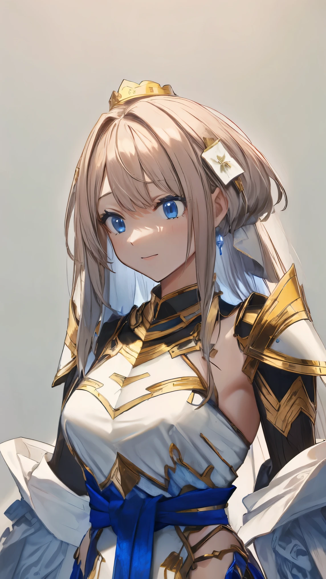 female, hair ornament, crown, smile, look at camera, white hair, blue eyes, armor, long hair