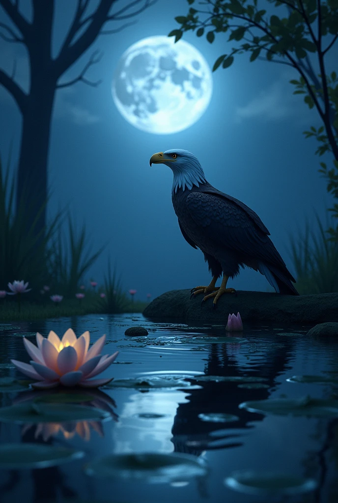 An eagle near lily under the moon in the night