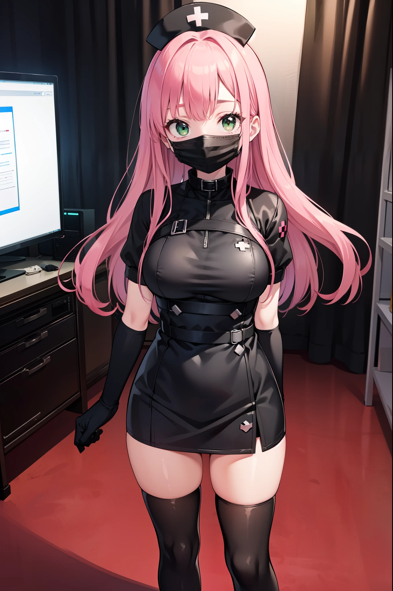 black nurse, 1woman, solo, black nurse cap, black nurse uniform, ((black legwear, zettai ryouiki)), black elbow gloves, pink hair, green eyes, drooping eyes, ((black surgical mask, covered nose)), standing, ((surgery room)), sharp outline, short sleeves, mature female, 32 years old, best quality, masterpiece