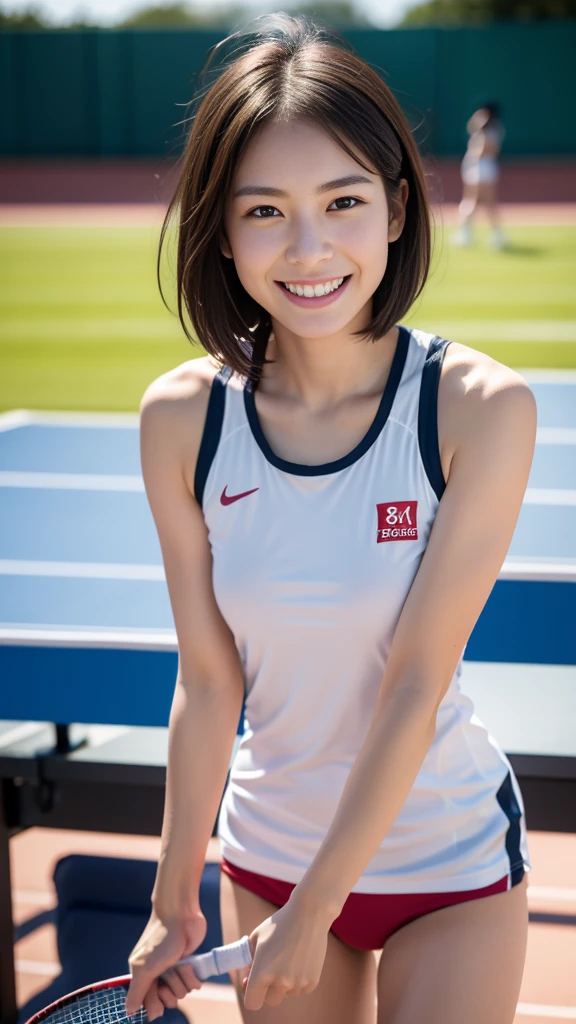 The beauty of 8K RAW photography:2.0, Short Bob Hair,20-year-old, Great face and dark eyes, Looking into the camera, A joyful smile:1.6, Showing teeth, Go for a run, Plain, unmarked wear、Table tennis、(Plain red sportswear:1.2)、Standing front、 Realistic:1.9, Very detailed CG 統合 8k 壁紙, Very detailed, High resolution raw color photos, Professional photos, Shooting at an athletics stadium, Girl portrait