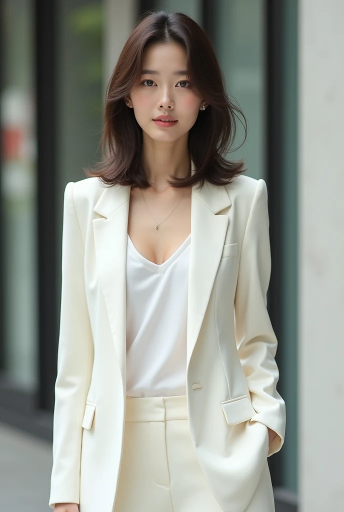 Woman in her 30s, brunette in a white blazer, very Japanese chic 

