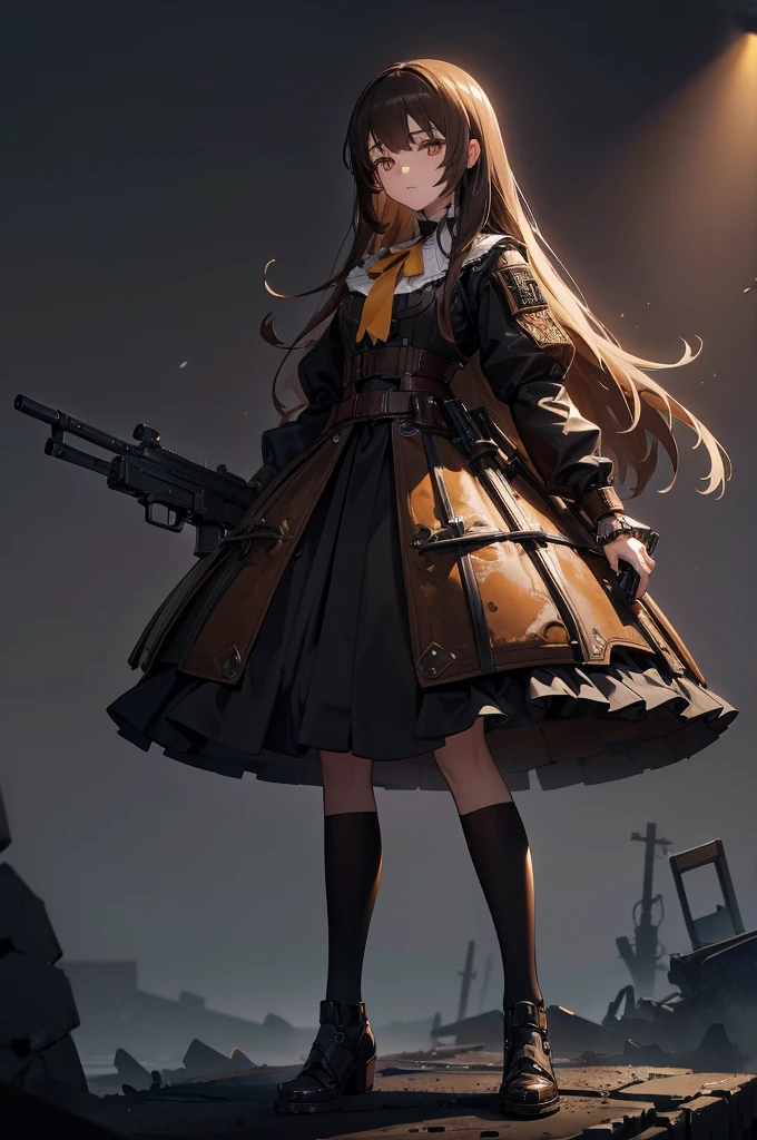 Doll joints, Chair, Sit up straight, Apathy, Sleep, Ceiling lighting, Gothic Dress, No sleeve, close your eyes, Centered, spiderweb, Brick wall, Dim Light, (masterpiece, Highest quality, Very detailed, Highest quality, beautifully、aesthetic:1.2), (One girl:1.3), original, High resolution, Surreal,　In the spotlight, holding_gun, assault_rifle, Very detailed, Brown Hair, Long Hair, Anime Style, whole body, alone, Stylish Gunfighter Girl, Holding a steampunk long barrel pistol,Standing in the wasteland, 8KHigh resolution, White Background, The background is a dark and desolate landscape, Horror movie atmosphere. Her figure is very beautiful, Emphasizing the dark and crazy elements. Skillfully expressing the effects of light and shadow, Anime girls with guns and rifles, from Girls&#39; Frontline, mechanized soldier girl, Girls&#39; Frontline style