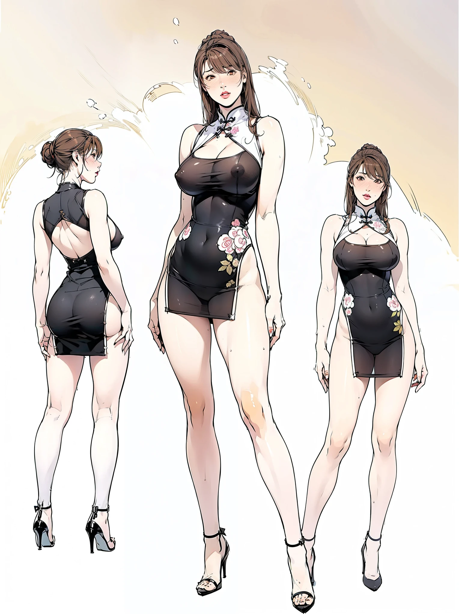 (masterpiece, Highest quality:1.2), One Girl, alone, whole body, Big Breasts,, Brown Hair,Big Breasts, Brown eyes, Mature Woman, ((Character design sheet)),((rough sketch)), blush, whole body, Brown Hair, lipstick, Gorgeous Chinese dress, Beautiful thighs,Wet,pubic hair, Exposing your thighs, White skin,((Wear black high heels)),