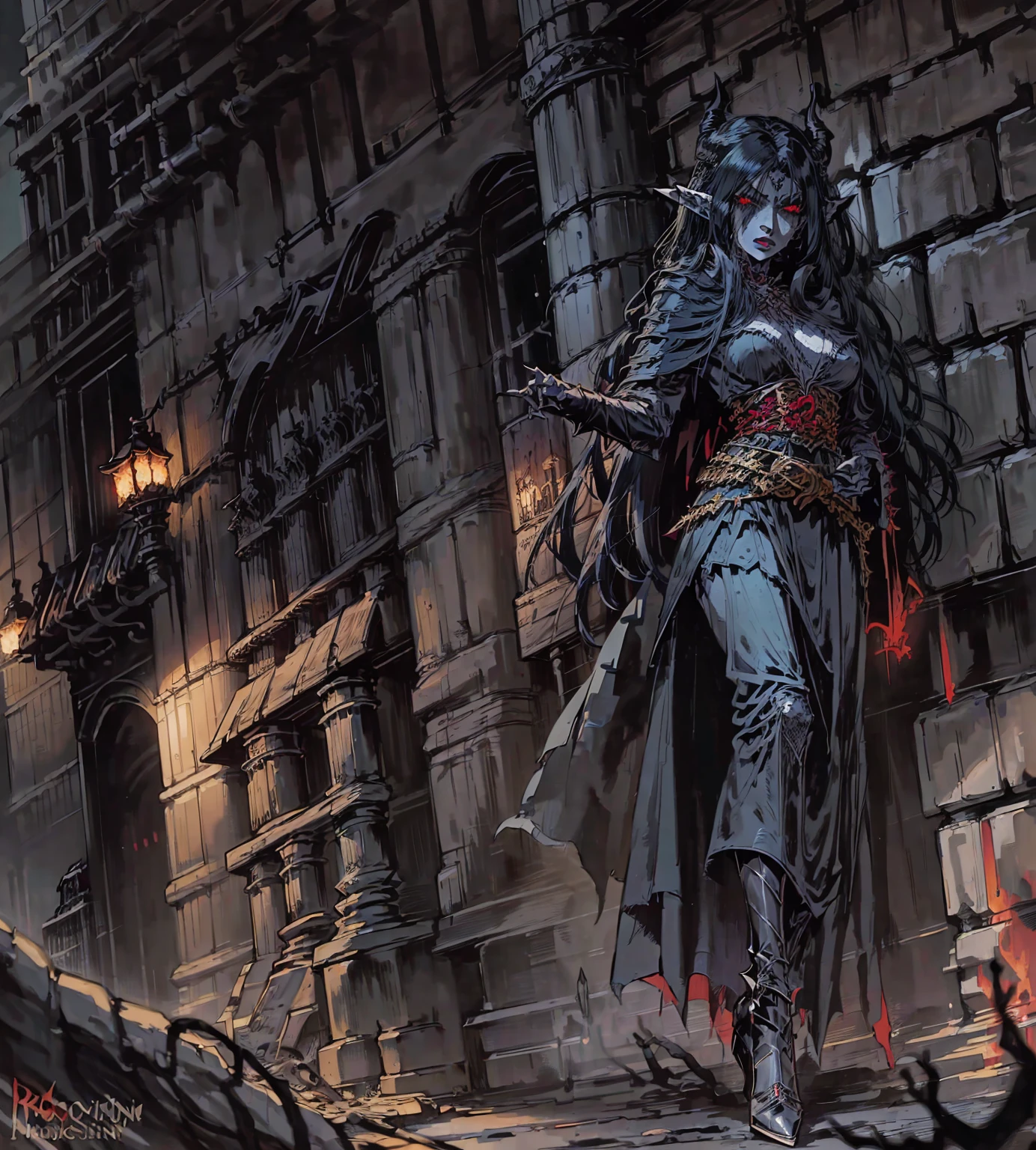 a devilish woman with long black hair, extremely pale skin, and piercing red eyes, wearing an intricate elf-like costume with dark accents, in a dark and mysterious fantasy setting, detailed facial features, realistic, photorealistic, highly detailed, 8k, best quality, cinematic lighting, dramatic shadows, moody atmosphere, dark fantasy, dark magic, supernatural