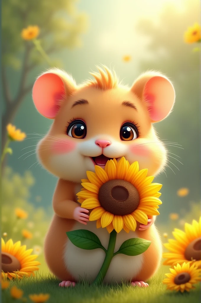 A very cute little hamster, with a sunflower in his hands asking for forgiveness