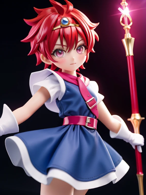Magical giel、Primary school students、Young girl、、height: 130cm、Short Hair、Shortcuts、boyish、Circlet、Character portrait、spats、hot pants、Magical Girl Costume、Red clothes、Red Hair、Red eyes、Magic wand、Fighting gloves on hands
