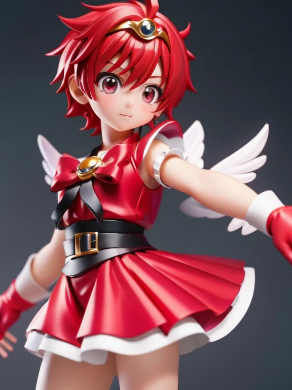 Magical giel、Primary school students、Young girl、、height: 130cm、Short Hair、Shortcuts、boyish、Circlet、Character portrait、spats、hot pants、Magical Girl Costume、Red clothes、Red Hair、Red eyes、Magic wand、Fighting gloves on hands