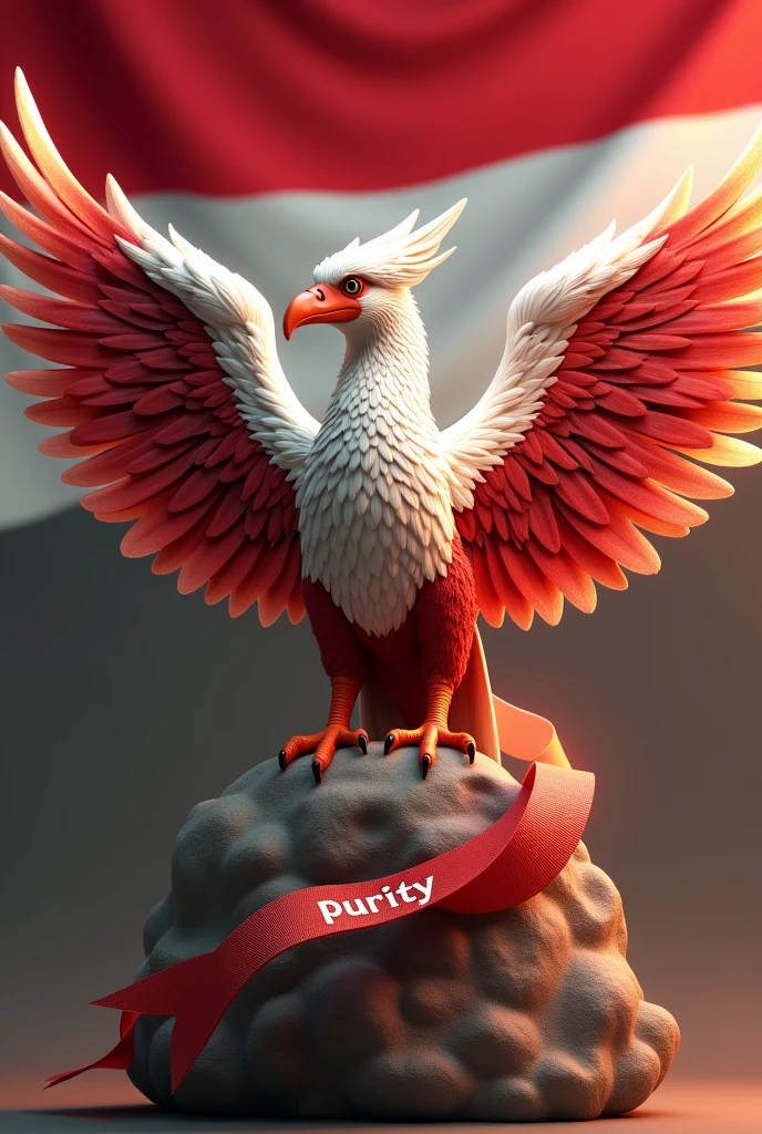  The Garuda bird has beautiful wings and behind it is the red and white Indonesian flag and carries a ribbon with the name written on it. "purity" while sitting with the beautiful color of the garuda bird, 3d