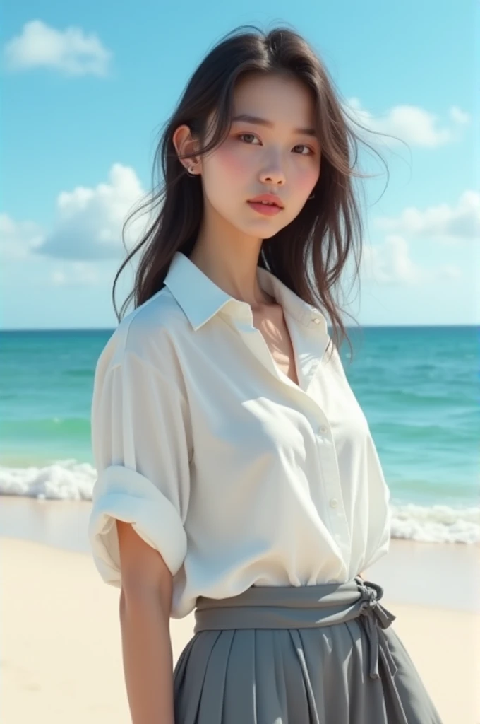 (((Ultra-HD-quality-details))) , 1girl, cewe-sma, from fitting, white shirt, gray skirt, beach
