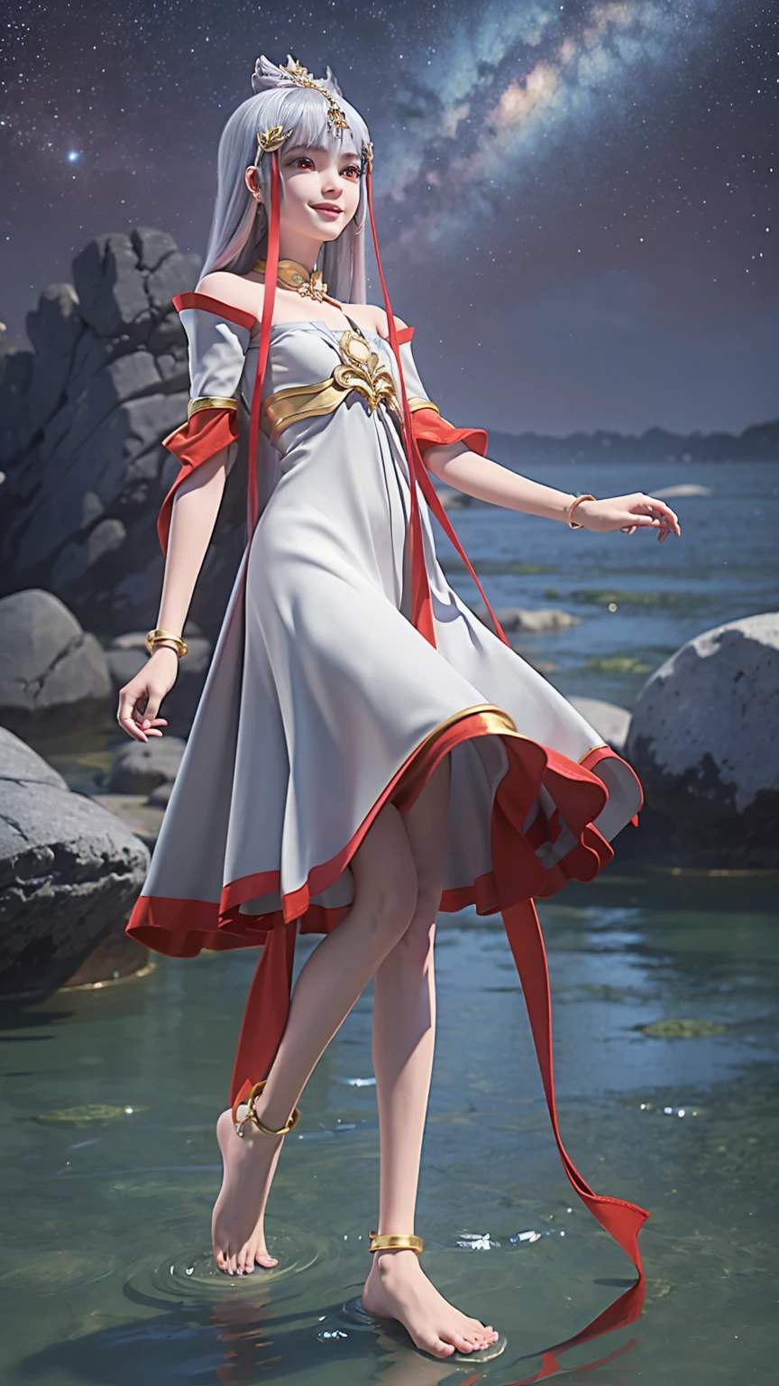 ((Biologically correct number of limbs))、(( Full body image(Including the face)))、4K、masterpiece、((Focus on the face))、((Symmetrical facial features))、The eyes are described in detail、Beautiful woman、Outstanding style、Beautiful arms、Beautiful legs、beautiful hands、(slim)、Facial details、Small earrings、necklace、(white shiny、Shiny dress、barefoot、radiant skin)Smile、(Beautiful legsのアップ)、Sweat,Starry Sky,Starry Sky背景,Deep View,above water