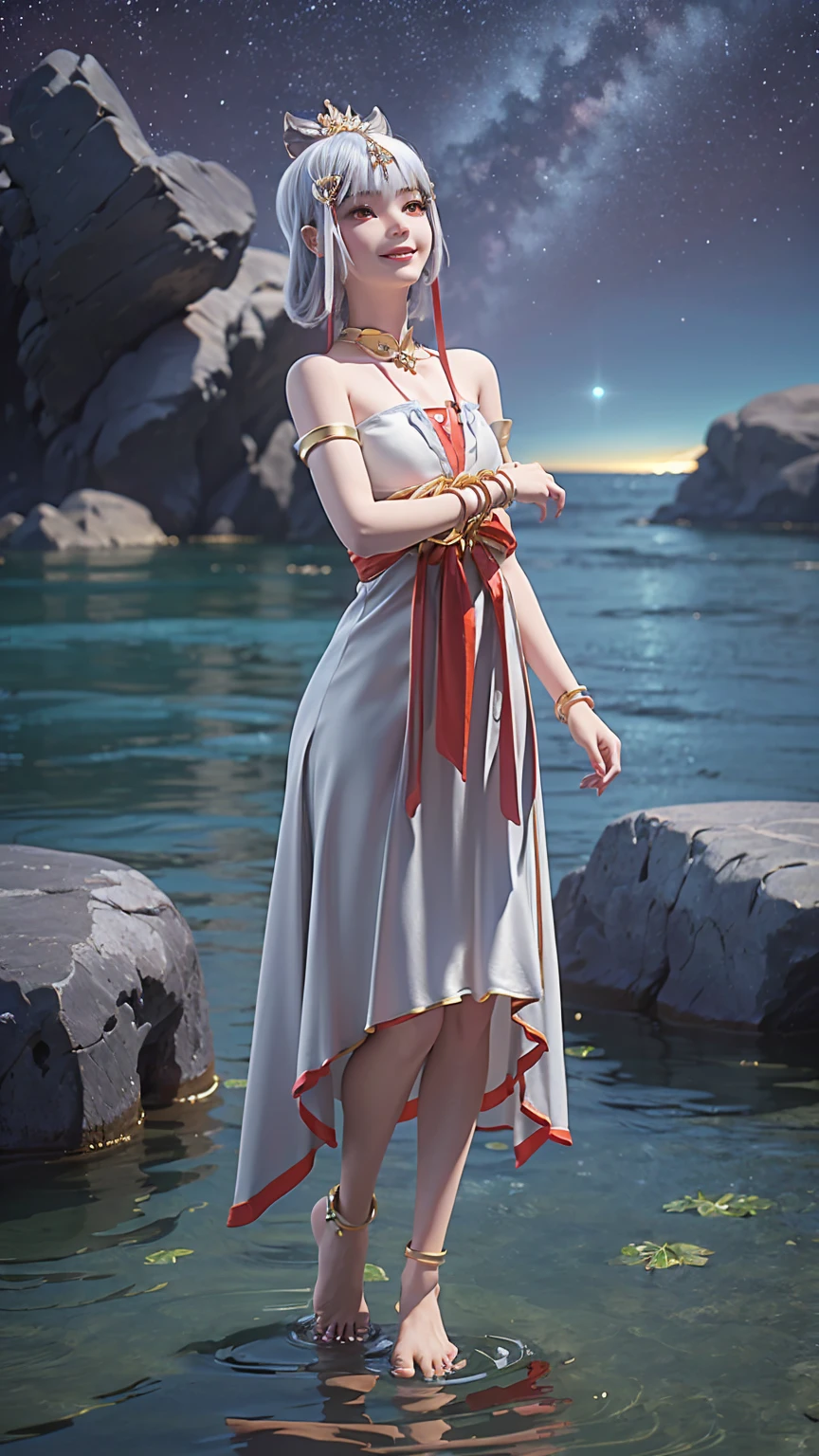 ((Biologically correct number of limbs))、(( Full body image（Including the face）))、4K、masterpiece、((Focus on the face))、((Symmetrical facial features))、The eyes are described in detail、Beautiful woman、Outstanding style、Beautiful arms、Beautiful legs、beautiful hands、(slim)、Facial details、Small earrings、necklace、(white shiny、Shiny dress、barefoot、radiant skin）Smile、（Beautiful legsのアップ）、Sweat，Starry Sky，Starry Sky背景，Deep View，above water