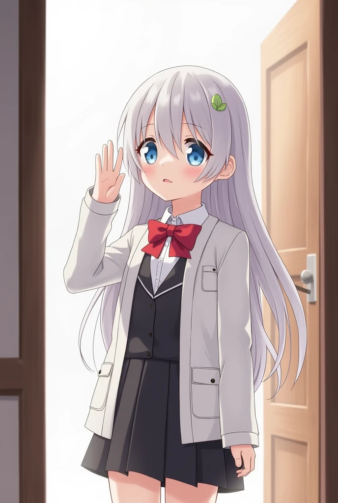 Aria, One girl, alone, Long Hair, blue eyes, Ahoge, bow, View your viewers, red bow, Jacket, bowtie, Long sleeve, chest, shirt, open Jacket, red bowtie, door, Cowboy Shot, collared shirt, indoors, school uniform, Gray Hair, Are standing, Open clothes, skirt, bangs, dress, grey Jacket, black dress, blush, pleated skirt, Lips parted, medium chest, pleated dress, white shirt, Hair between the eyes, white Jacket, Raise your hand, blazer, black skirt, Thighs, open door, corridor