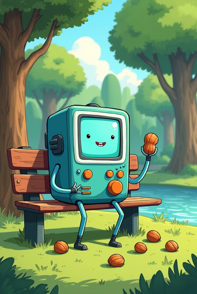 Bmo the videogame, sitting in a park, eating nuts