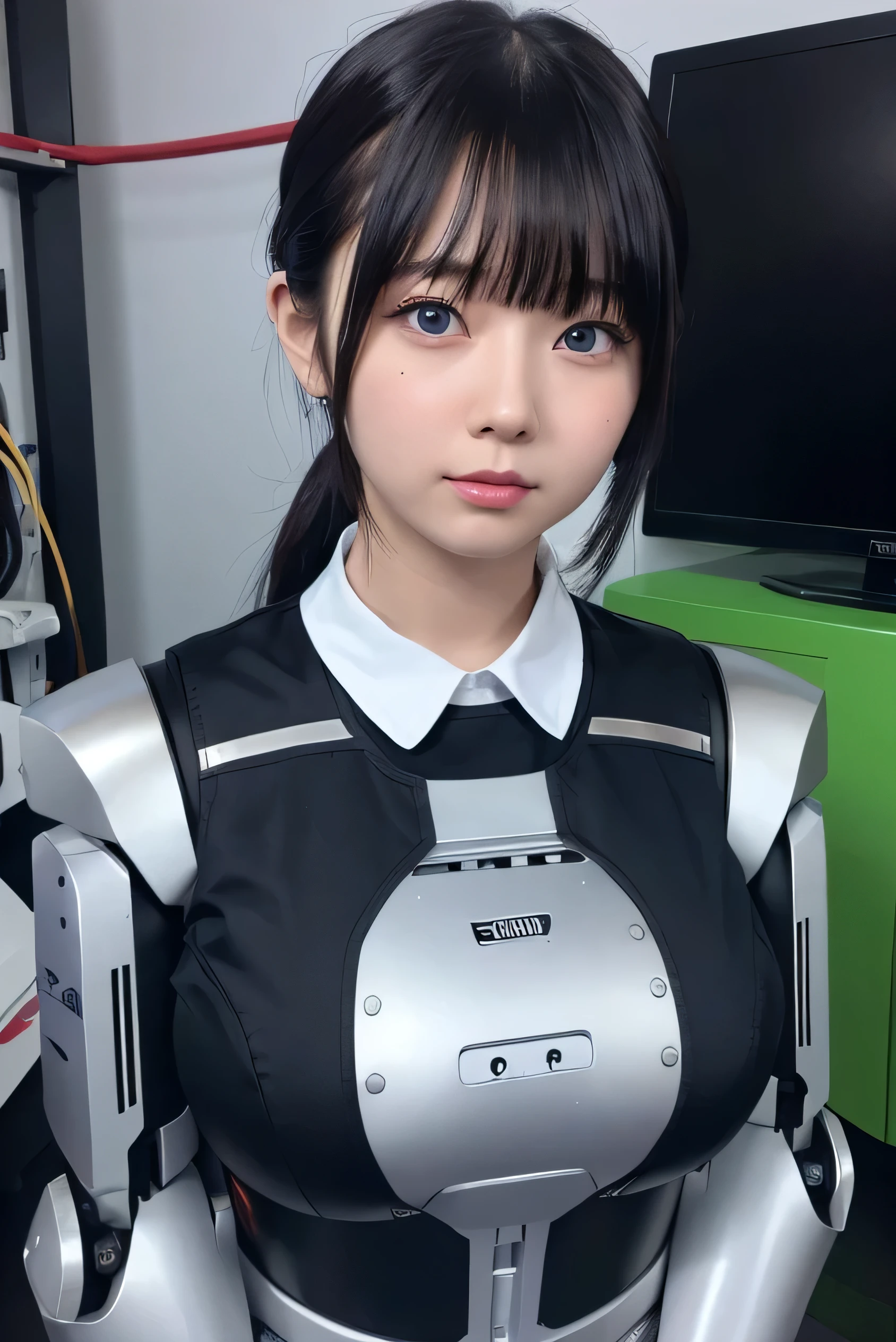 masterpiece, best quality, extremely detailed, Japaese android girl,portrait,Plump,a bit chubby,control panels,android,Droid,Mechanical Hand, Robot arms and legs, Black hair,Blunt bangs,perfect robot girl,long tube,thick cable connected her neck,android,robot,humanoid,cyborg,japanese cyborg girl ,robot-assembly plant,She is assembling now,assembly scene,blue eyes,chest monitor