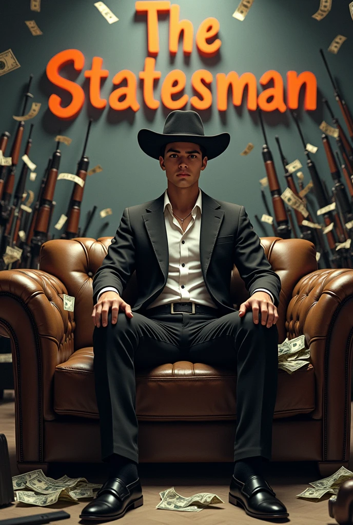 Serious young brownish white male wearing black suites, wearing white button shirt,black slatter shoes,and cowboy cap sitting on a couch inside a building surrounded by all kinds of weapons . 
ALSO, show this name (The StatesmanRJL ) on the background with money flowing 
