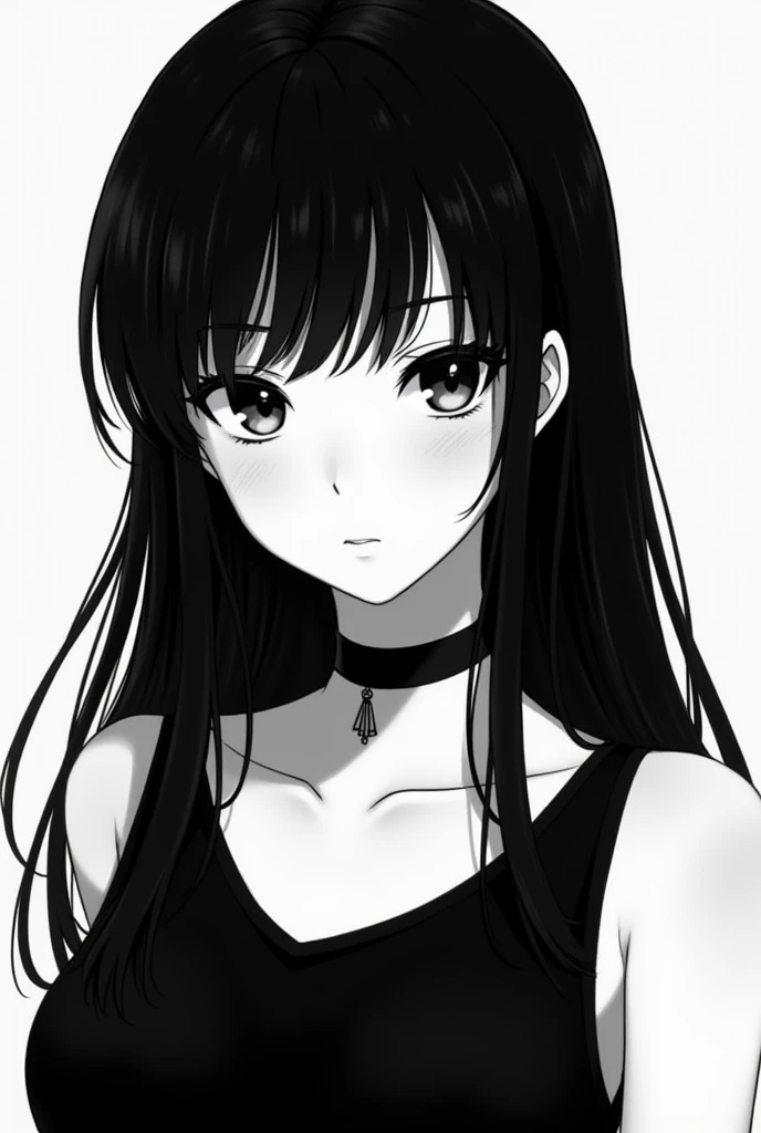 Create a colorless picture, but only black exists,Black hair,Female anime, cool face,draw from shoulder only