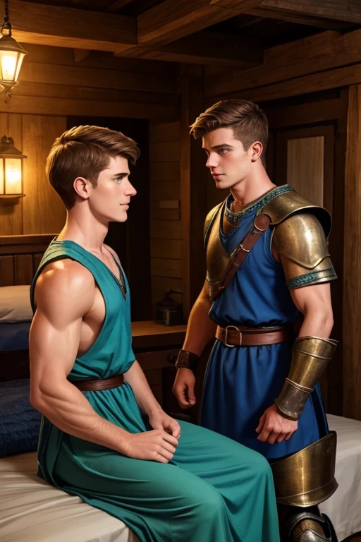 Photo-realistic. A pleased, 16-year-old, handsome, muscular Caucasian man with fade-cut, brown hair, and blue eyes, wearing shabby, sleeveless, leather armor, with metal shoulder guards, boasting, as he tells a dramatic story to a 15-year-old, lean, Caucasian peasant man, with short, brown hair, and blue eyes, in a blue and green tunic, listening in wonder, sitting next to each other on a simple bed, in a rustic inn room, at night.