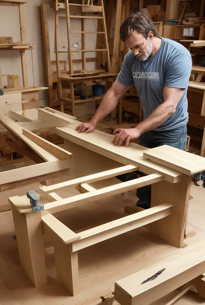 Pixar style carpenter assembling custom furniture