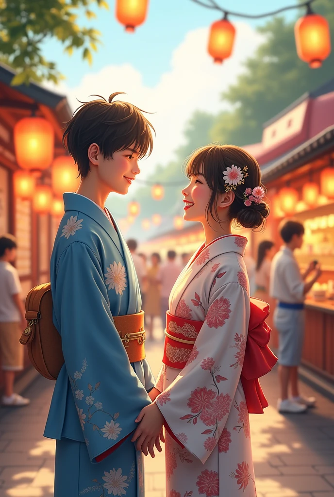 A girl is wearing a flower-patterned yukata and is taking a photo with a boy in a blue yukata.