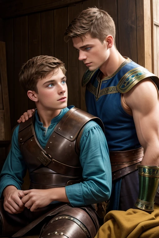 Photo-realistic. A pleased, 16-year-old, handsome, muscular Caucasian man with fade-cut, brown hair, and blue eyes, wearing shabby, sleeveless, leather armor, with metal shoulder guards, boasting, as he tells a dramatic story to a 15-year-old, lean, Caucasian peasant man, with short, brown hair, and blue eyes, in a blue and green tunic, listening in wonder, sitting next to each other on a simple bed, in a rustic inn room, at night.