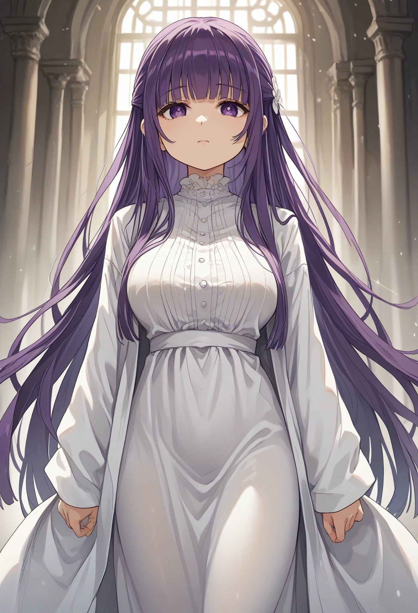 fern \(sousou no frieren\), large breasts, long hair, purple hair, half updo, blunt bangs, purple eyes,white tight robe,small sized robe