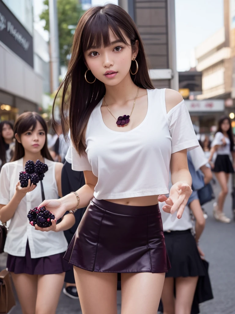 Product quality,1 girl,Cowboy Shot,Front view,Young and sexy Japanese girls,20-year-old,In town(Crowded street:1.4),Fashionable white shirt,wear,Fashionable bags,Fashionable necklaces,Fashionable earrings,((Blackberry Short Micro Mini Skirt:1.5)),wear,Strong winds,Skirt flip,String Panties,Super cute face,Glossy Lips,Double eyelids on both eyes,(Natural Makeup),Sticking out tongue,Strong wind from the front,shiny smooth light brown hair with long hair,,Asymmetrical bangs,Center image,8k resolution,Attention to detail,Detailed hairstyle,Detailed face,Cinema Lighting,Octane Rendering,Ultra-realistic,Perfect limbs,(Detailed fingers:1.5),Beautiful feet,Voluptuous thighs,Huge breasts,Perfect Anatomy,She is standing,(Model pose:1.3)