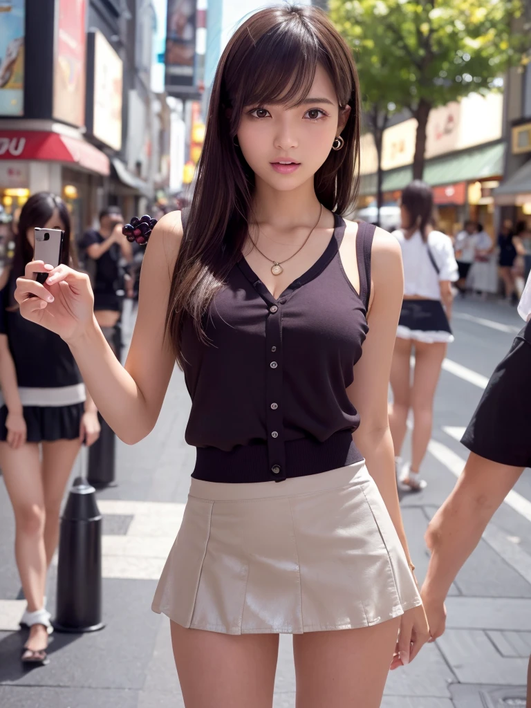 Product quality,1 girl,Cowboy Shot,Front view,Young and sexy Japanese girls,20-year-old,In town(Crowded street:1.4),Fashionable white shirt,wear,Fashionable bags,Fashionable necklaces,Fashionable earrings,((Blackberry Short Micro Mini Skirt:1.5)),wear,Strong winds,Skirt flip,String Panties,Super cute face,Glossy Lips,Double eyelids on both eyes,(Natural Makeup),Sticking out tongue,Strong wind from the front,shiny smooth light brown hair with long hair,,Asymmetrical bangs,Center image,8k resolution,Attention to detail,Detailed hairstyle,Detailed face,Cinema Lighting,Octane Rendering,Ultra-realistic,Perfect limbs,(Detailed fingers:1.5),Beautiful feet,Voluptuous thighs,Huge breasts,Perfect Anatomy,She is standing,(Model pose:1.3)