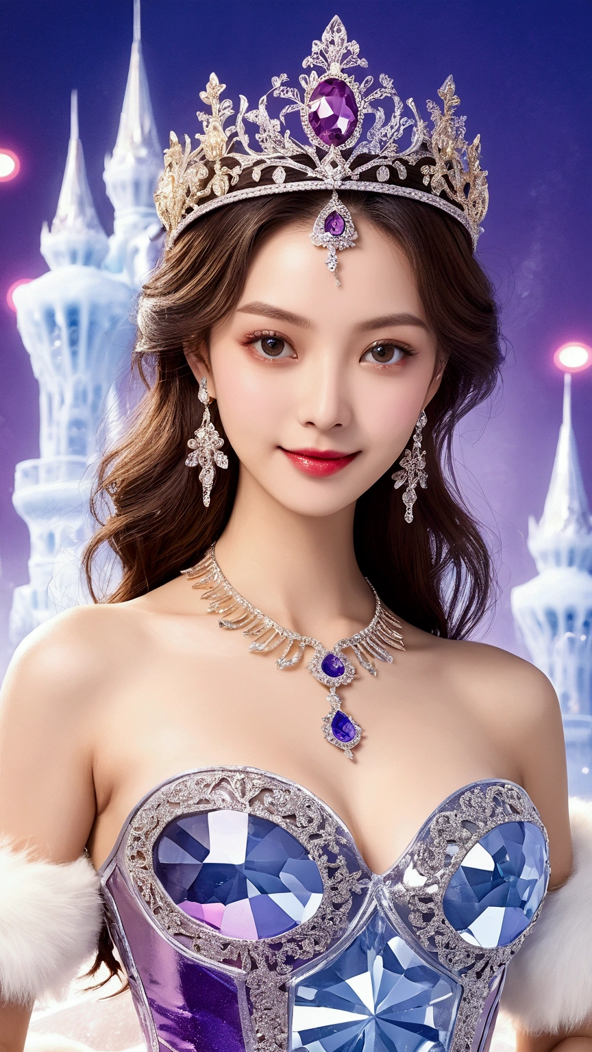 (masterpiece、highest quality、Best image quality、8k、Award-winning works)、A goddess、(Most luxurious, shiny, Deluxe Giant Costume:1.1)、(The most luxurious and highest quality giant tiara:1.1)、(The most luxurious and highest quality giant necklace:1.1)、(A top-class goddess costume with a beautiful purple and white gradation:1.2)、(goddess's elaborately decorated costume shines in purple and white..:1.1)、(A high quality goddess costume with a beautiful purple and white gradation.:1.1)、Upper body photo、(Look at me with your best smile:1.2)、Large 、Beautiful transparent sleeves of the highest quality、(High quality transparent sleeve with jewel embellishment:1.1)、Publish a'Shoulder、Stand gracefully、(The most luxurious ice palace background:1.4)、(most exquisite、The most luxurious ice palace cathedral:1.3)、(The most mysterious giant ice palace:1.4)、(The most beautiful cathedral,Made of crystal clear ice:1.4)、(Beautiful transparent ice:1.1)、(Mysterious fairy tale light blue fog:1.15)、The background is a well-designed ice palace、Beautiful ice ceiling、(Palace interior background made of intricate shiny transparent ice:1.4)、(Elegant palace columns made of ice:1.05)、Most complex、Most luxurious decoration、(Lots of jewelry:1.1)、最もComplex and detailed backgrounds、(That'That'it'Snowing:1.1)、fine shiny snow、(Tyndall effect:1.1)、Subthiny snow、Spectacular lighting、Perfect makeup、Long eyelashes、Beautiful eye shadow、(Accurate anatomy:1.1)、Natural forehead、Complex and detailed backgrounds、The subtlest glimmer、Deep background、Low contrast、Surrounded by soft lighting、(Body facing forward:1.1)、(Please put your arms down:1.1)