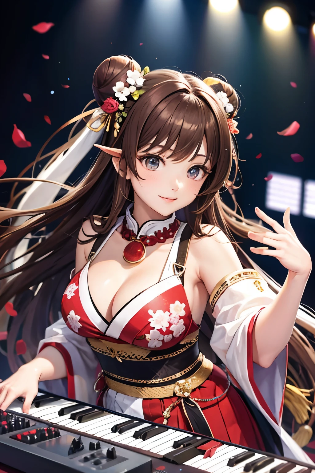 Top quality, ample limbs, perfect fingers, slender beauty, twin-tailed bun hairstyle, brown hair, Deresute, A costume of Floral haori and minihakama with a flashy pattern,Band instrumentskeyboard, beautiful large breasts, live stage, Playing Band InstrumentsKeyboard