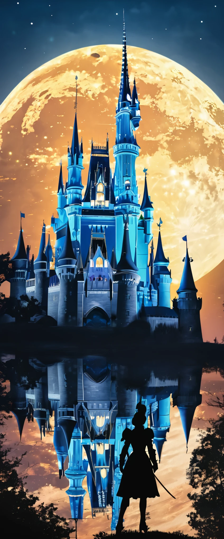 (8k, Highest quality, masterpiece),Double Exposure, silhouette, (, One Female Knight, ), , Moonlit Night, Cinderella Castle, Outdoor,