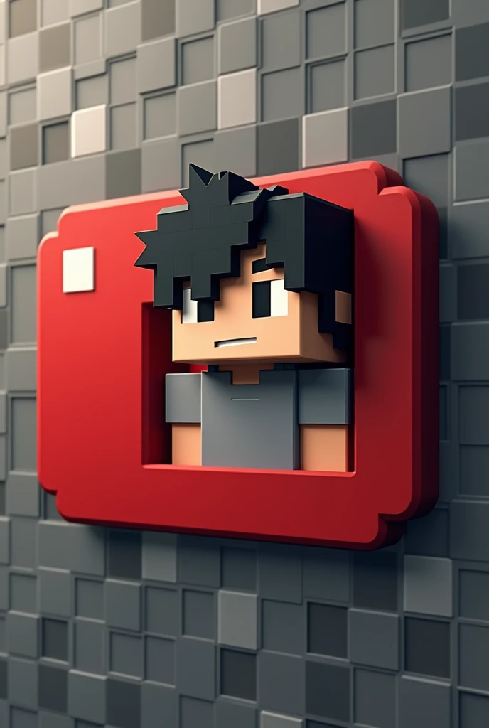 Create minecraft logo with black hair and gray t-shirt inside youtube logo have a earport