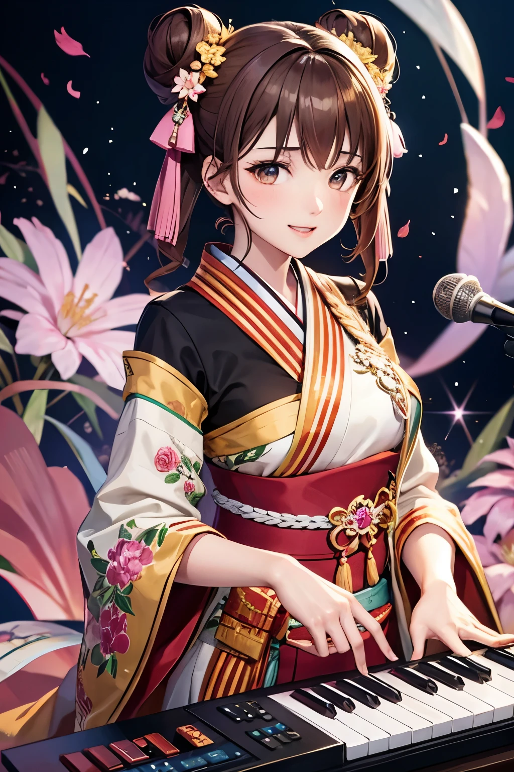Top quality, ample limbs, perfect fingers, slender beauty, twin-tailed bun hairstyle, brown hair, Deresute, A costume of Floral haori and minihakama with a flashy pattern,Band instrumentskeyboard, beautiful large breasts, live stage, Playing Band InstrumentsKeyboard
