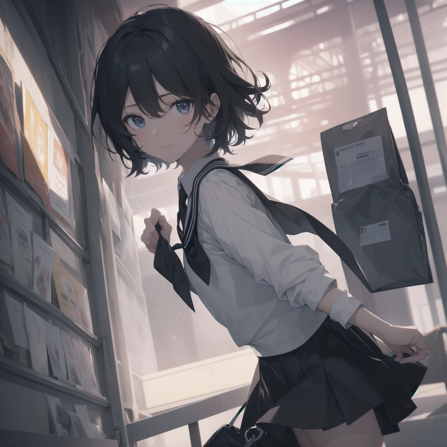 ultra-absurdres-Top quality by artist God, ultra-detailed, high resolution, anime moe artstyle, best anime 8k konachan wallpaper, pixiv contest winner, pool:2810, perfect anatomy,break, 1girl, (Please draw a girl walking sleepily to school alone. )break,(Solo,little female, 13-year-old:1.3),Full limbs, complete fingers,a junior high school student, (very short hair), short cut, flat chest, , small butt, small black eyes, beautiful detailed eyes, well-proportioned iris and pupils, expressive eyes, highres detailed hair, soft expression, salor school_uniform, sailor collar, serahuku, bow, pleated skirt,(Detailed Lighting), (Detailed background), in the School commute route. break,super detailed skin, Best cinematic lighting powered by famous artist, 8k,beauty illustration,photoshop_(medium),very aesthetic,break,((artist:yd_(orange_maru) )), artist:clamp ,artist:carnelian ,artist:kantoku ,