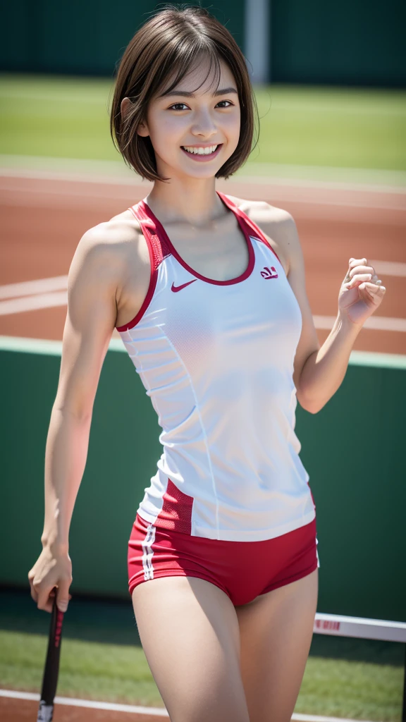 The beauty of 8K RAW photography:2.0, Short Bob Hair,20-year-old, Great face and dark eyes, Looking into the camera, A joyful smile:1.6, Showing teeth, Go for a run, Plain, unmarked wear、Table tennis、（Plain red sportswear:1.2)、Standing front、 Realistic:1.9, Very detailed CG 統合 8k 壁紙, Very detailed, High resolution raw color photos, Professional photos, Shooting at an athletics stadium, Girl portrait