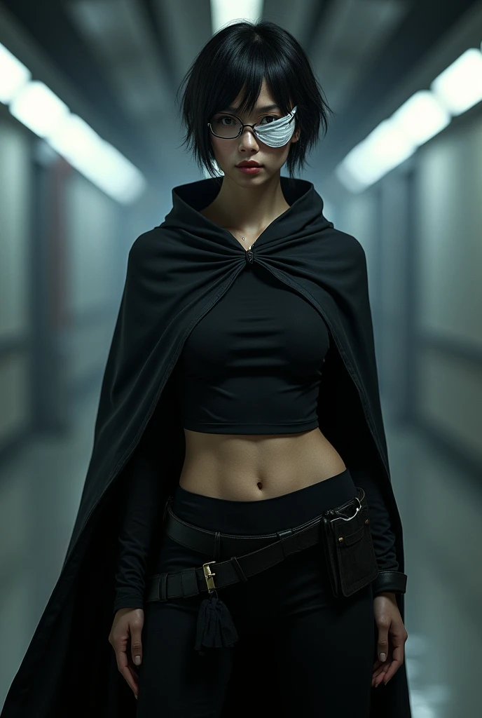 Japanese woman Glasses Slim and muscular Shortcuts
burn scars Handsome Girls cool White bandage on eye strong Black Cape