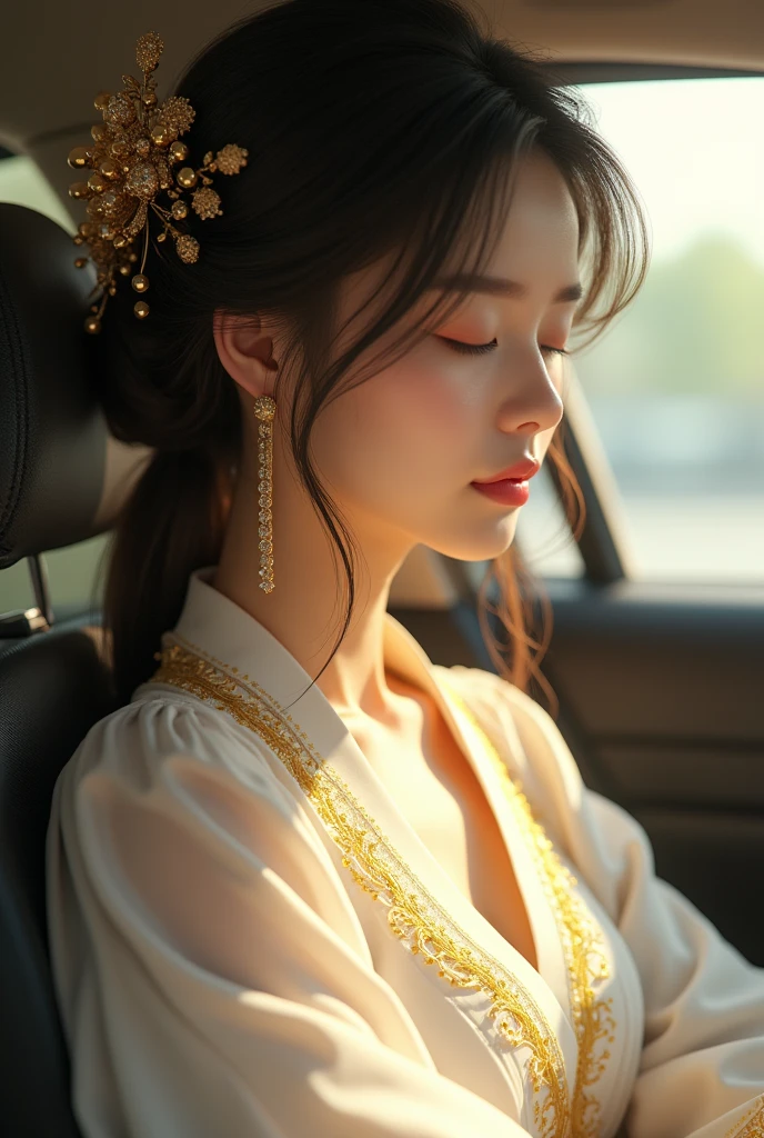 ((masterpiece)), ((Highest quality)), 8k, High resolution, Super Detail, (woman), (White dress with yellow gold trim), (Scattered golden hair ornaments), (close your eyes) (Sleeping in the car 1.6) (Full body display 1.4) この作品はmasterpieceだ, Highest qualityと細部へのこだわり, captured in 8k High resolution. Photographic Realistic, Realistic, very detailed illustrations Realistic, Octane Rendering