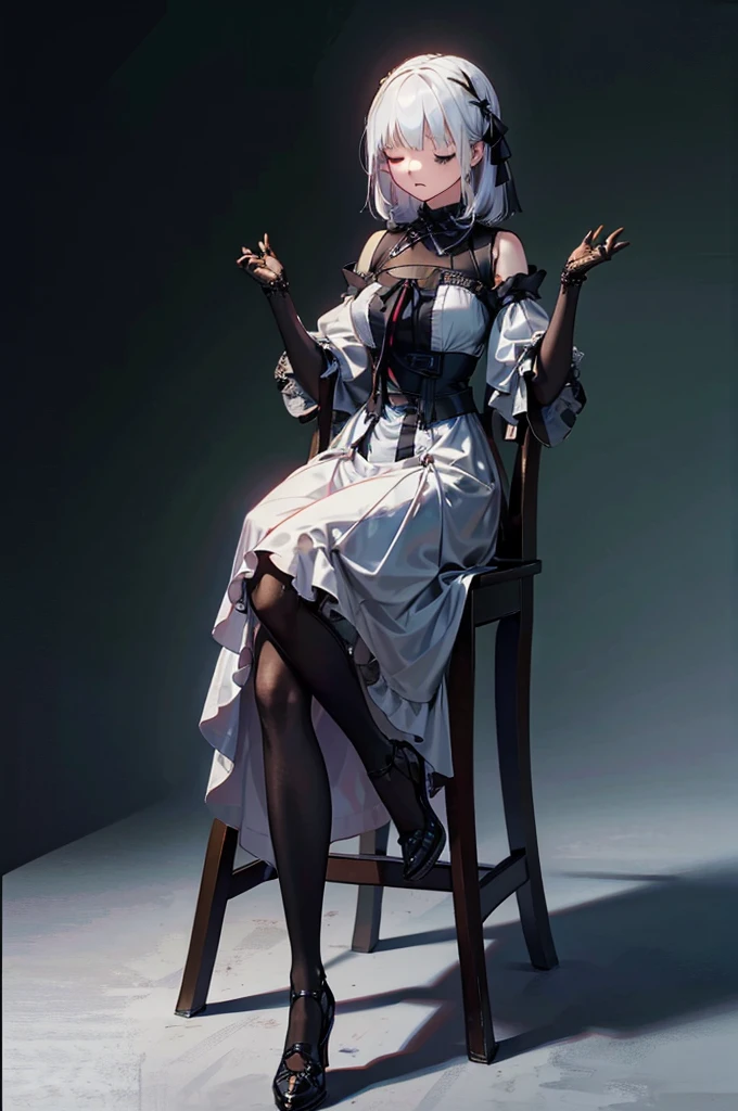 Doll joints, Chair, Sit up straight, Apathy, Sleep, Ceiling lighting, Gothic Dress, No sleeve, close your eyes, Centered, spiderweb, Brick wall, Dim Light, (masterpiece, Highest quality, Very detailed, Highest quality, beautifully、aesthetic:1.2), (One girl:1.3), original, High resolution, Surreal,