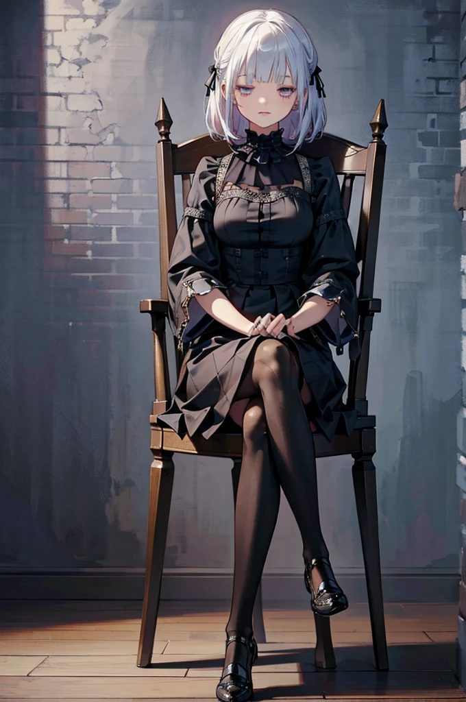 Doll joints, Chair, Sit up straight, Apathy, Sleep, Ceiling lighting, Gothic Dress, No sleeve, close your eyes, Centered, spiderweb, Brick wall, Dim Light, (masterpiece, Highest quality, Very detailed, Highest quality, beautifully、aesthetic:1.2), (One girl:1.3), original, High resolution, Surreal,