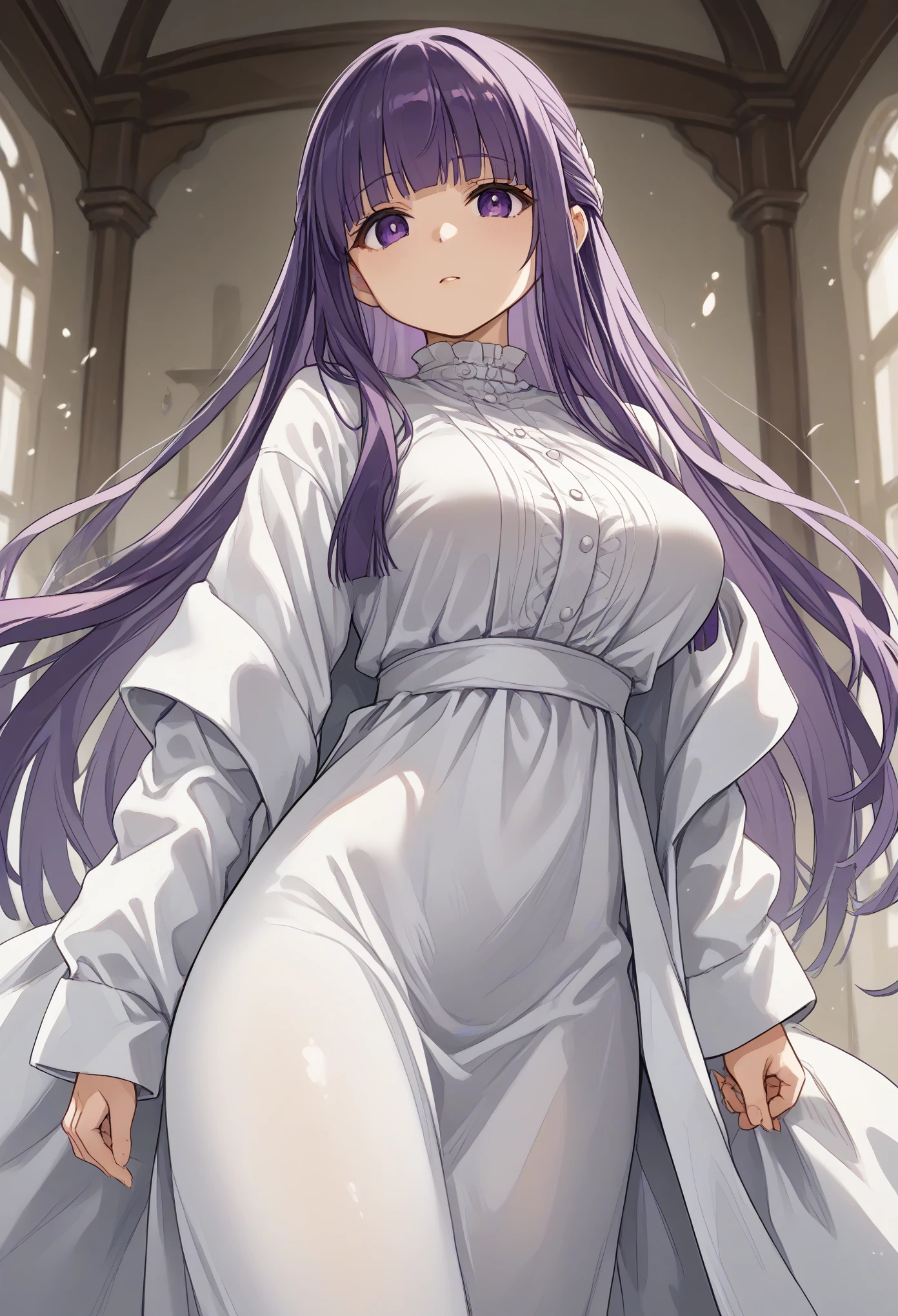 fern \(sousou no frieren\), large breasts, long hair, purple hair, half updo, blunt bangs, purple eyes,white tight robe,small sized robe
